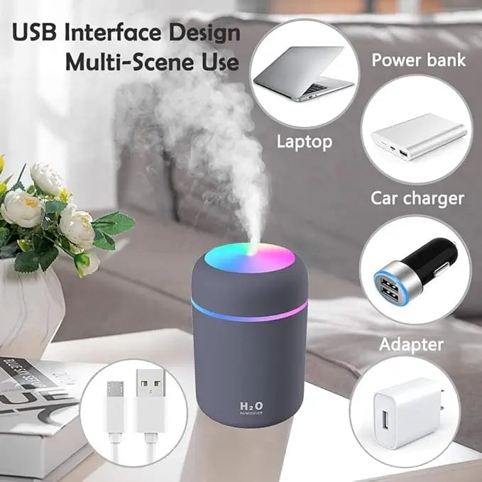 H2O 300ml Ultrasonic Humidifier – Portable Mist Maker with Colorful LED Light for House
