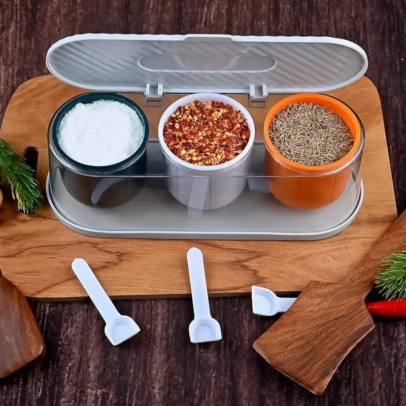 3-Grid Spice Storage Box with Spoons – Multipurpose Masala Container Organizer for Kitchen Seasoning, Sugar, Salt & Condiments