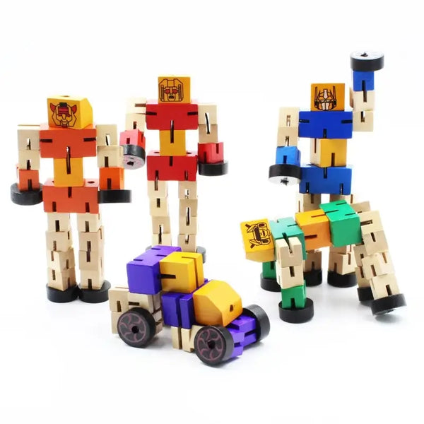 Transforming wooden robot toy made from natural beechwood