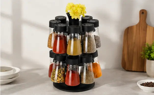 space-saving rotating spice rack for kitchen countertop