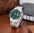 Men’s Analog Watch – Olive Green Dial with Stainless Steel Strap | Day & Date Display Quartz Wristwatch