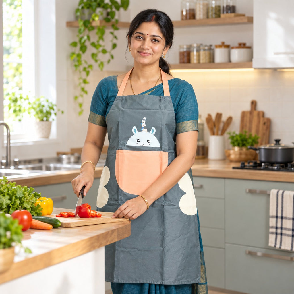 Indian woman wearing cute cartoon animal kitchen apron with front pocket