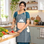 Indian woman wearing cute cartoon animal kitchen apron with front pocket