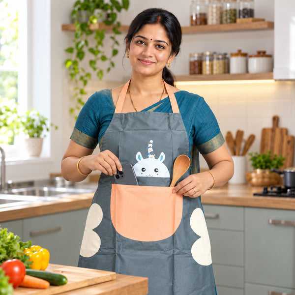 Large front pocket kitchen apron holding smartphone and wooden cooking spoon
