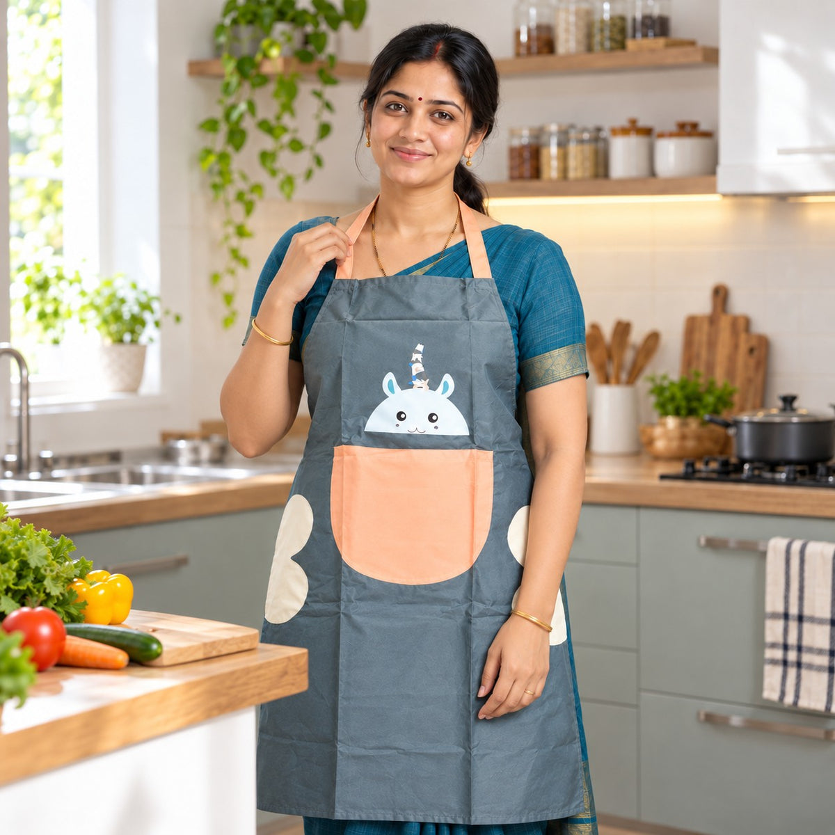 Woman adjusting comfortable neck strap of cute kitchen apron