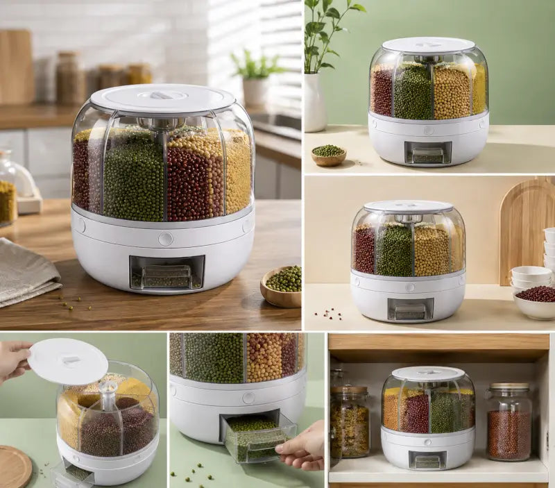 360° Rotating Grain Dispenser – 6-Compartment Kitchen Storage Container with Lid for Rice, Pulses & Dry Fruits
