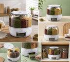 360° Rotating Grain Dispenser – 6-Compartment Kitchen Storage Container with Lid for Rice, Pulses & Dry Fruits