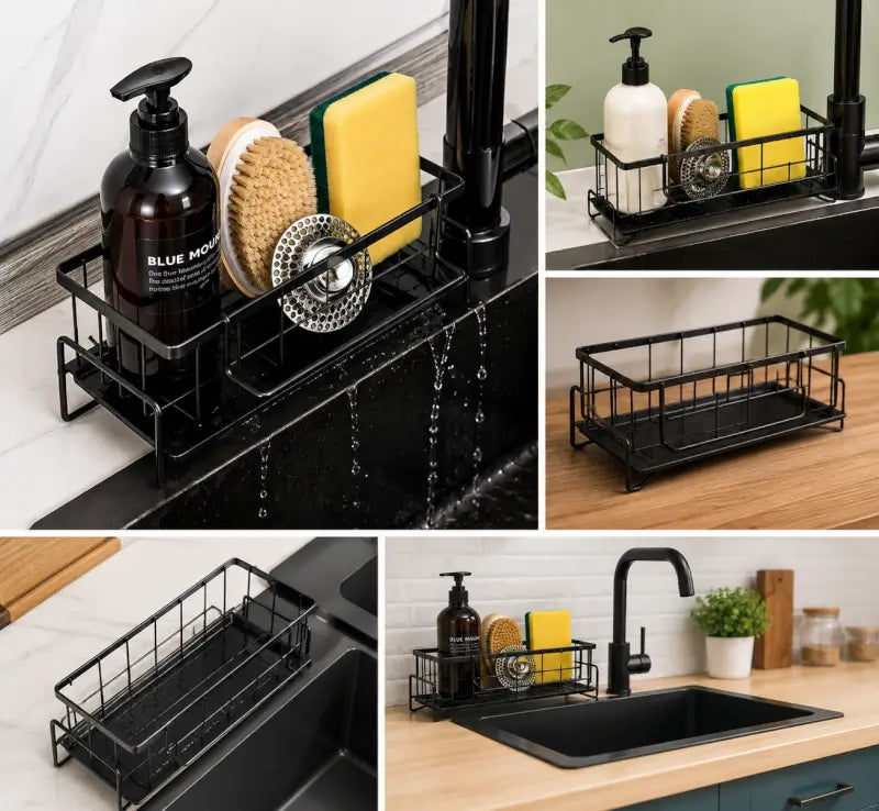 Rustproof Kitchen Sink Organizer Rack – Steel Sponge, Soap & Scrubber Holder with Drain Tray