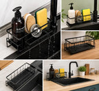 Rustproof Kitchen Sink Organizer Rack – Steel Sponge, Soap & Scrubber Holder with Drain Tray