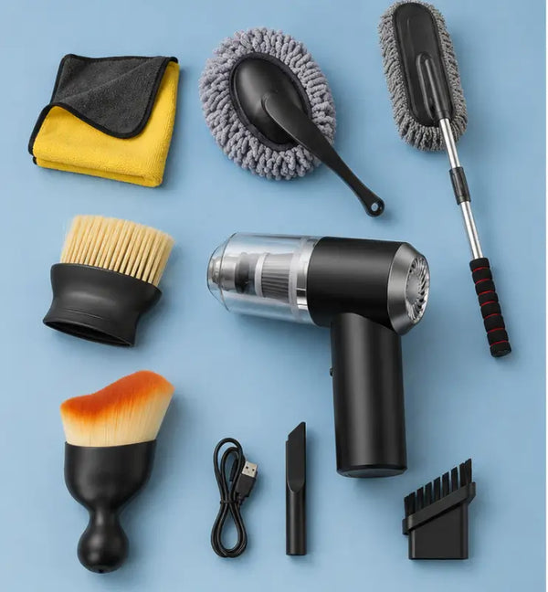 Portable Car Cleaning Kit – Handheld Vacuum Cleaner with Brushes & Microfiber Cloth for Interior & Exterior Cleaning