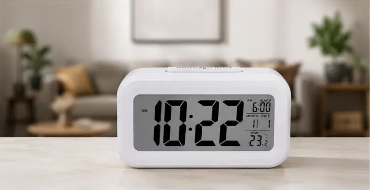 table clock displaying time date and indoor temperature