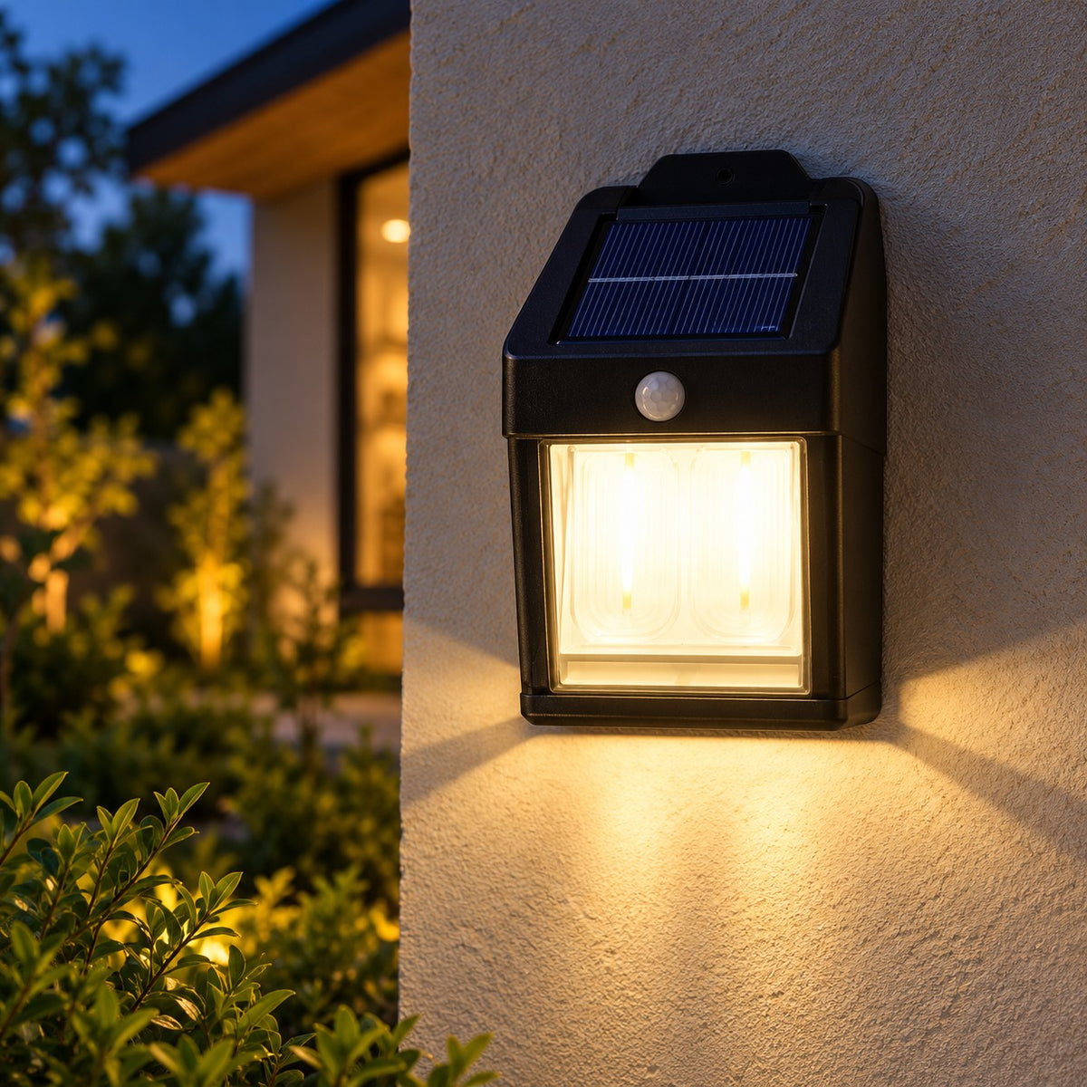 Black solar wall light with motion sensor and dual LED lantern on a white background