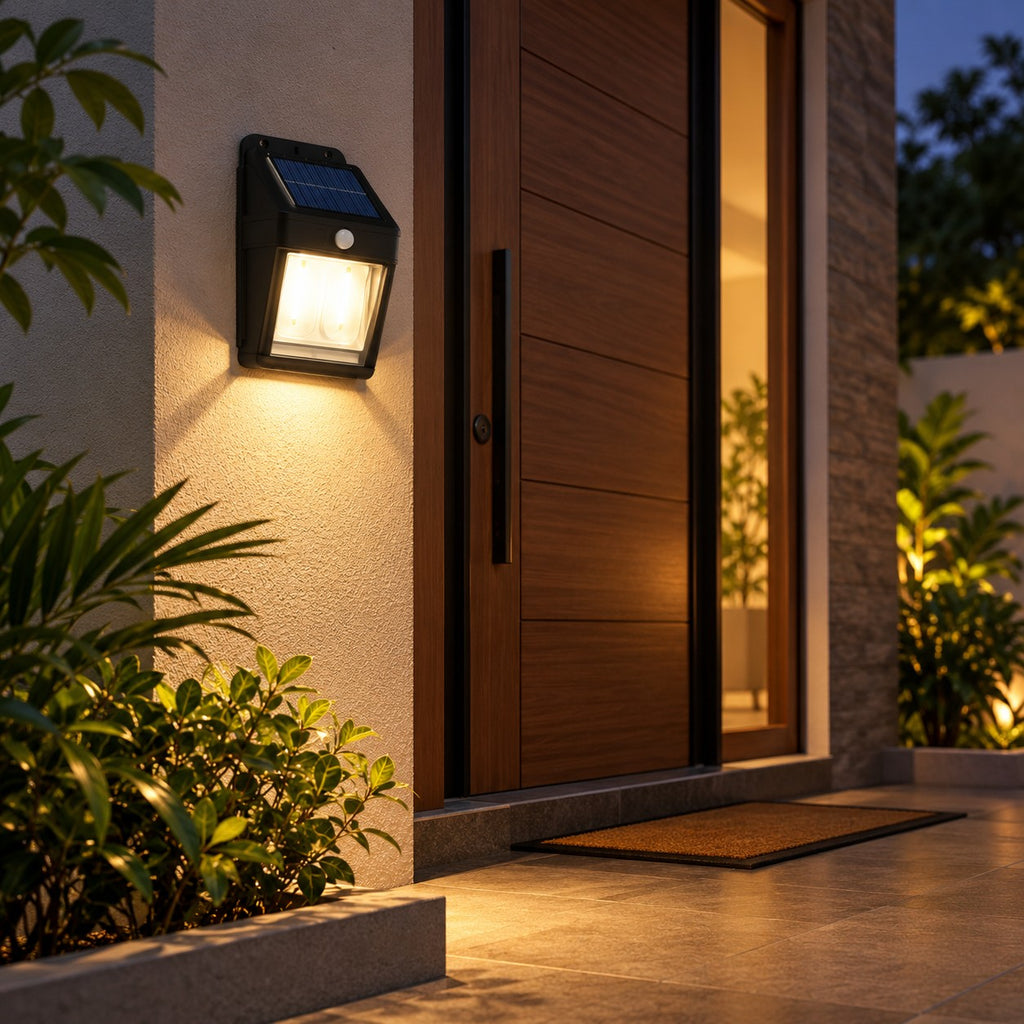 Motion sensor solar light illuminating a home's front entrance at night