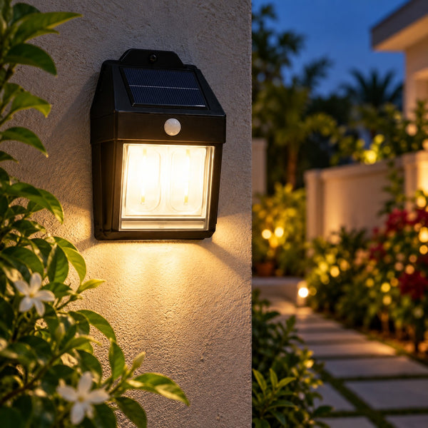 Solar wall lantern glowing on an outdoor house wall at dusk