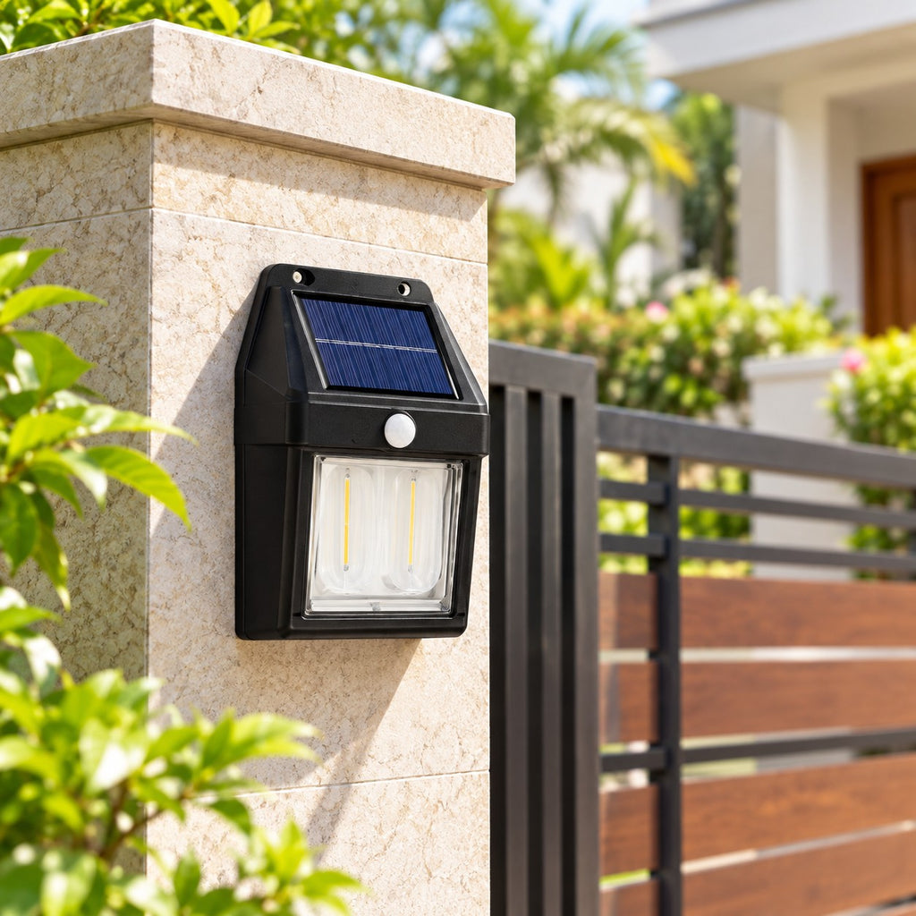 Solar wall light mounted on a gate pillar in daylight with its solar panel visible