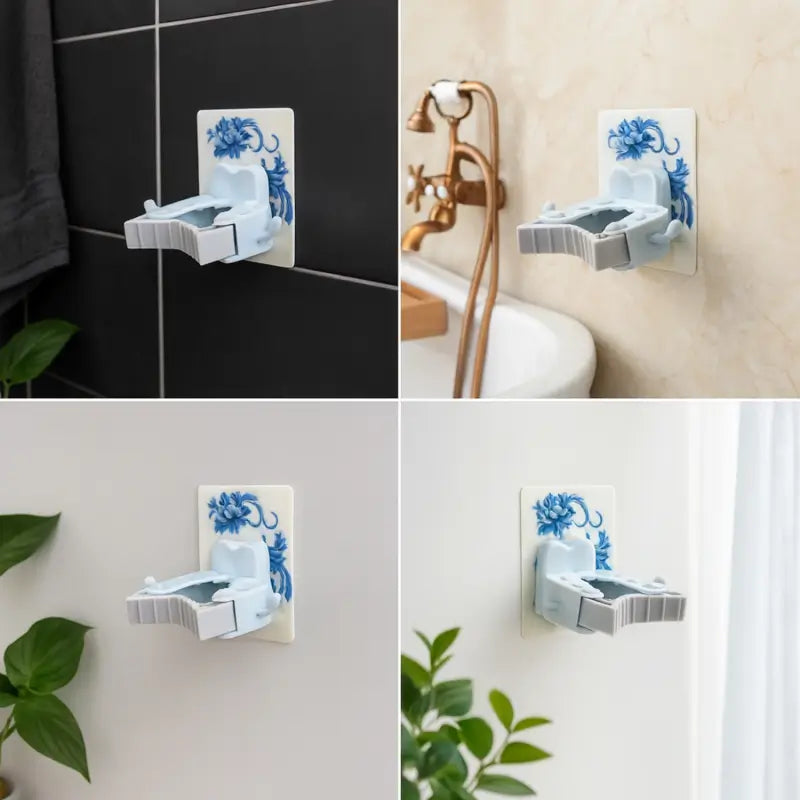 Mop & Broom Holder Clip – Self-Adhesive Wall Mounted Organizer with Side Hooks for Kitchen & Bathroom