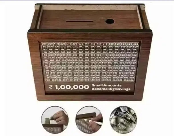 Wooden Savings Challenge Piggy Bank – Money Saving Box with Goal Tracker for Kids & Adults (Up to ₹1 Lakh Challenge)