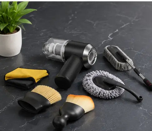Portable Car Cleaning Kit – Handheld Vacuum Cleaner with Brushes & Microfiber Cloth for Interior & Exterior Cleaning