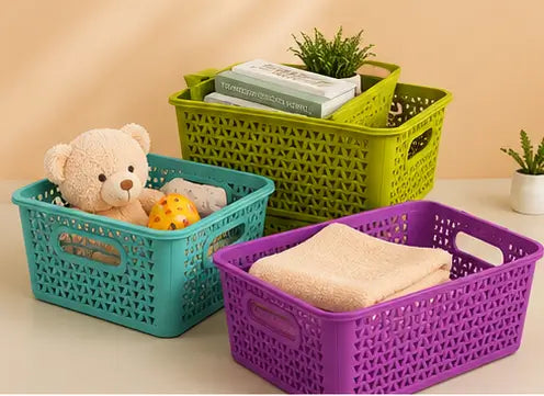 Multipurpose Plastic Storage Basket Set with Handles – Flexible Organizer for Kitchen, Bathroom, Fruits, Vegetables & Stationery (Pack of 3)