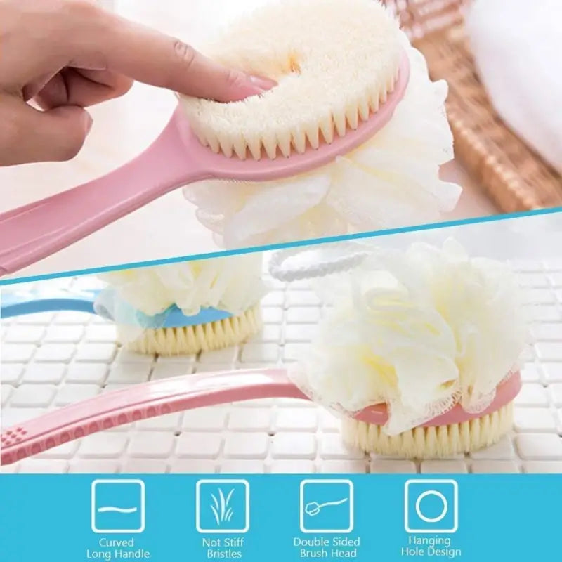 2-in-1 Body Brush with Loofah – Long Handle Bath Scrubber for Back, Body & Shower Cleaning