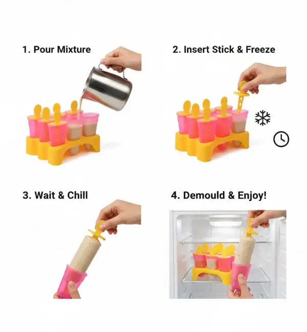 Reusable Ice Pop Maker Mould Set | 6-Cavity Plastic Popsicle & Kulfi Maker with Stand for Homemade Frozen Treats Set 2 (6+6)