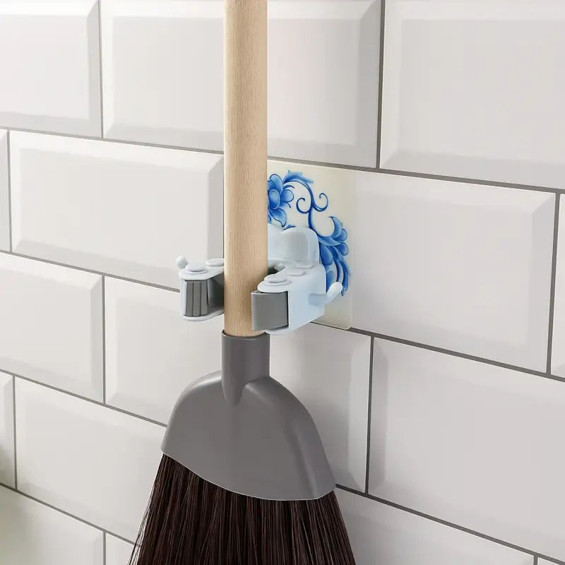 Mop & Broom Holder Clip – Self-Adhesive Wall Mounted Organizer with Side Hooks for Kitchen & Bathroom