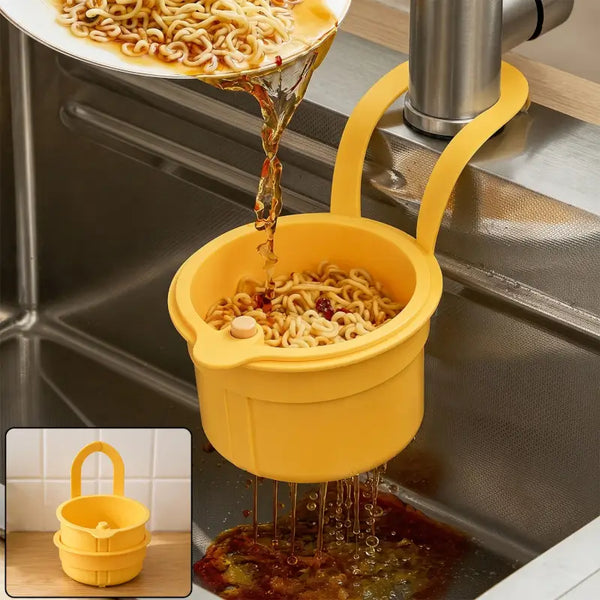 Yellow hanging kitchen sink drain basket and food strainer