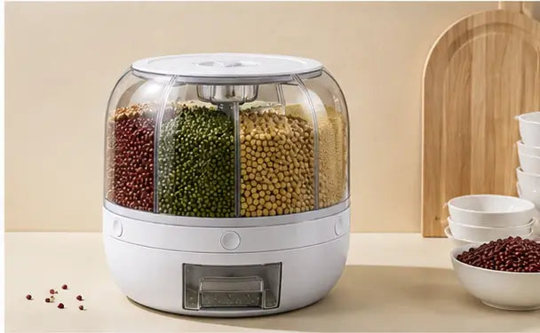 360° Rotating Grain Dispenser – 6-Compartment Kitchen Storage Container with Lid for Rice, Pulses & Dry Fruits
