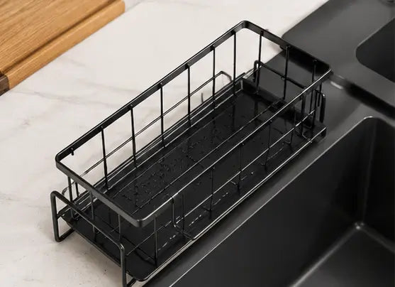 Rustproof Kitchen Sink Organizer Rack – Steel Sponge, Soap & Scrubber Holder with Drain Tray