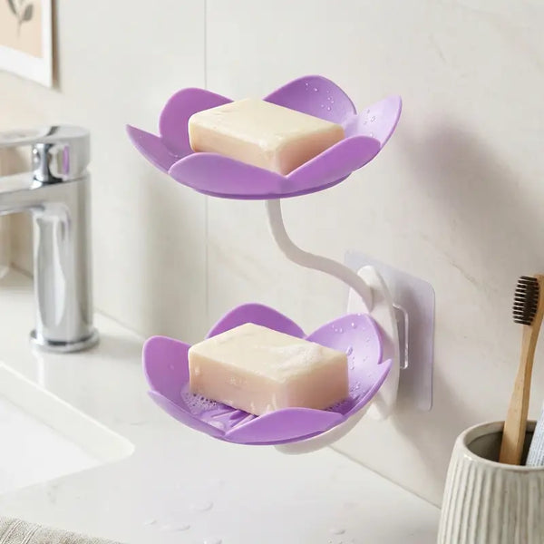 Flower Shape Double Layer Soap Dish – Wall Mounted Self-Draining Soap Holder with Strong Adhesive for Bathroom & Kitchen