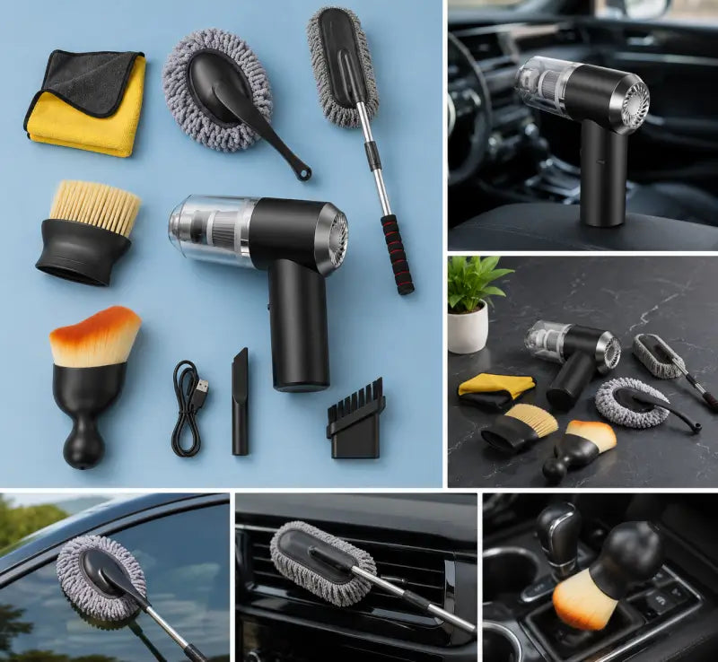 Portable Car Cleaning Kit – Handheld Vacuum Cleaner with Brushes & Microfiber Cloth for Interior & Exterior Cleaning
