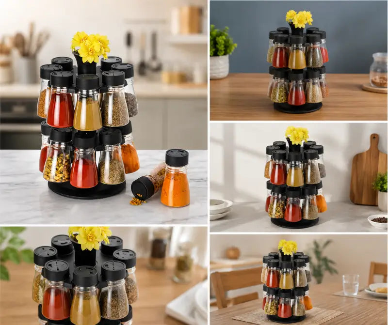 revolving spice storage rack for organized kitchen countertop
