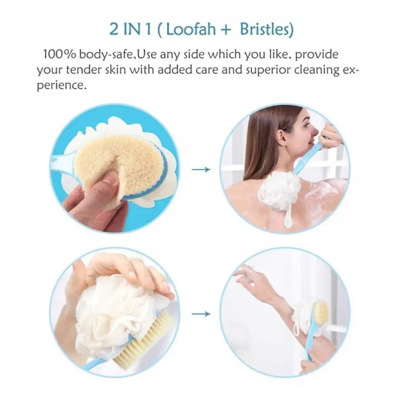 2-in-1 Body Brush with Loofah – Long Handle Bath Scrubber for Back, Body & Shower Cleaning