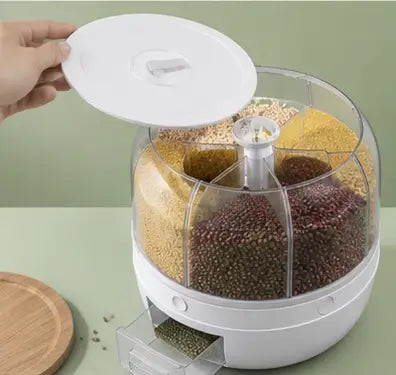 360° Rotating Grain Dispenser – 6-Compartment Kitchen Storage Container with Lid for Rice, Pulses & Dry Fruits