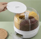 360° Rotating Grain Dispenser – 6-Compartment Kitchen Storage Container with Lid for Rice, Pulses & Dry Fruits