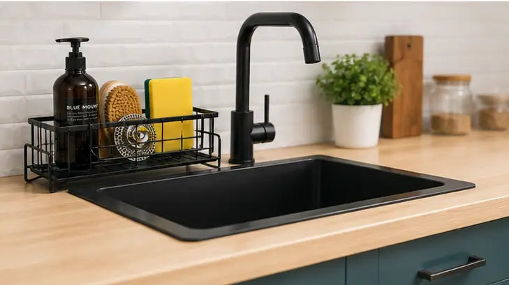 Rustproof Kitchen Sink Organizer Rack – Steel Sponge, Soap & Scrubber Holder with Drain Tray