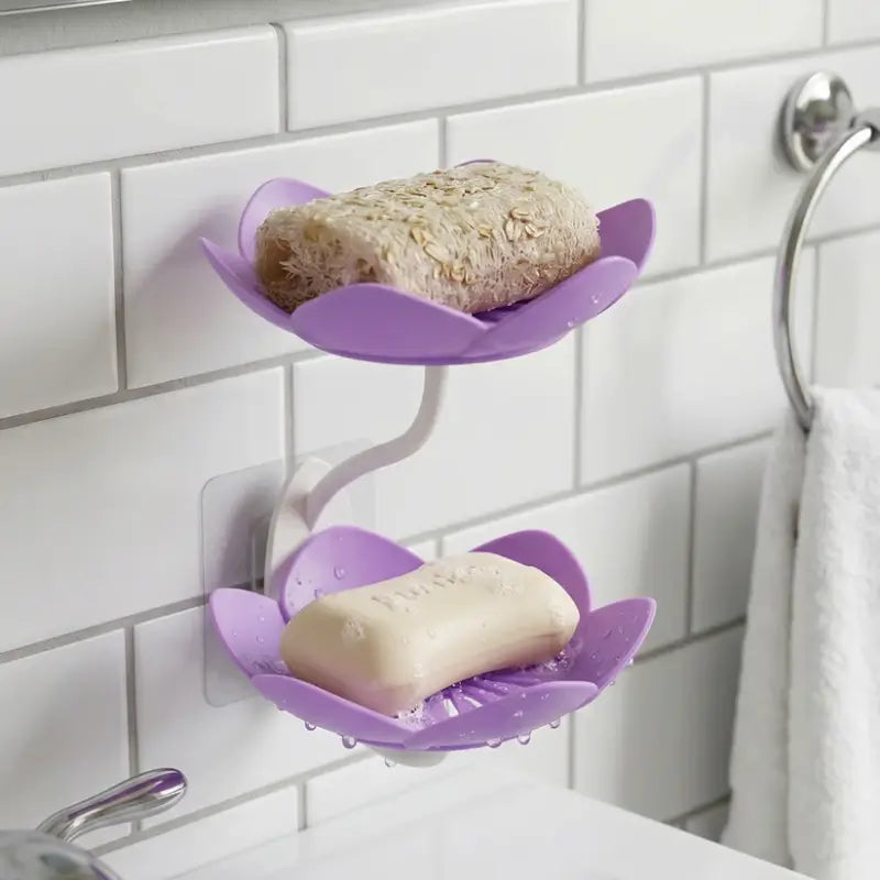 Flower Shape Double Layer Soap Dish – Wall Mounted Self-Draining Soap Holder with Strong Adhesive for Bathroom & Kitchen