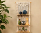 Boho Handmade Macrame Wall Hanging Wooden Floating Shelf – Decorative Storage Shelf for Plants, Books & Home Décor (Off-White)