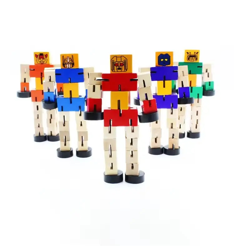 Compact wooden shape transforming robot toy for gifting