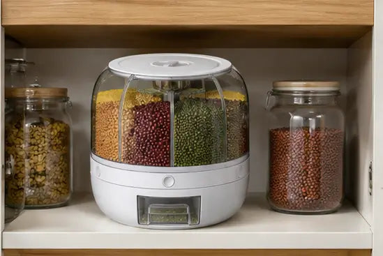 360° Rotating Grain Dispenser – 6-Compartment Kitchen Storage Container with Lid for Rice, Pulses & Dry Fruits