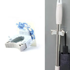 Mop & Broom Holder Clip – Self-Adhesive Wall Mounted Organizer with Side Hooks for Kitchen & Bathroom
