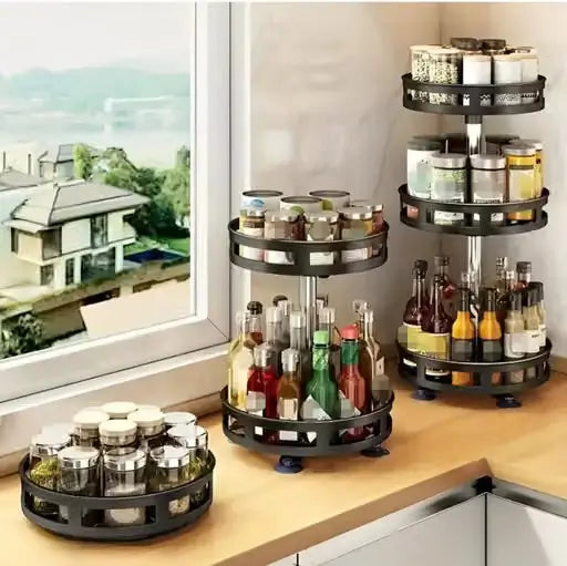 360 rotating spice rack with three tier kitchen storage design