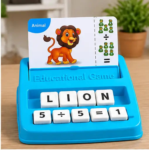 Kids spelling brain game with colorful flash cards and letter blocks