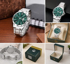 Men’s Analog Watch – Olive Green Dial with Stainless Steel Strap | Day & Date Display Quartz Wristwatch