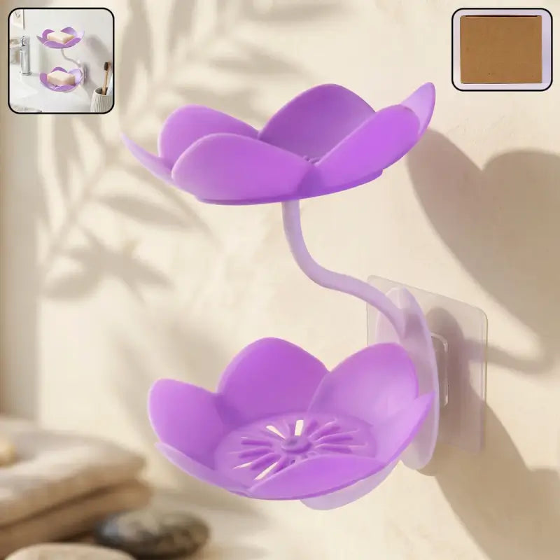 Flower Shape Double Layer Soap Dish – Wall Mounted Self-Draining Soap Holder with Strong Adhesive for Bathroom & Kitchen