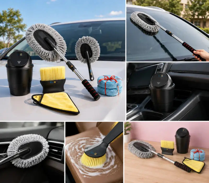 A 5-panel collage showing a car cleaning brush and accessory set in use and displayed on a car exterior and interior. The set includes a long-handled gray microfiber brush, a black cup-style washer, a yellow brush, a yellow cloth, and a small gift box.