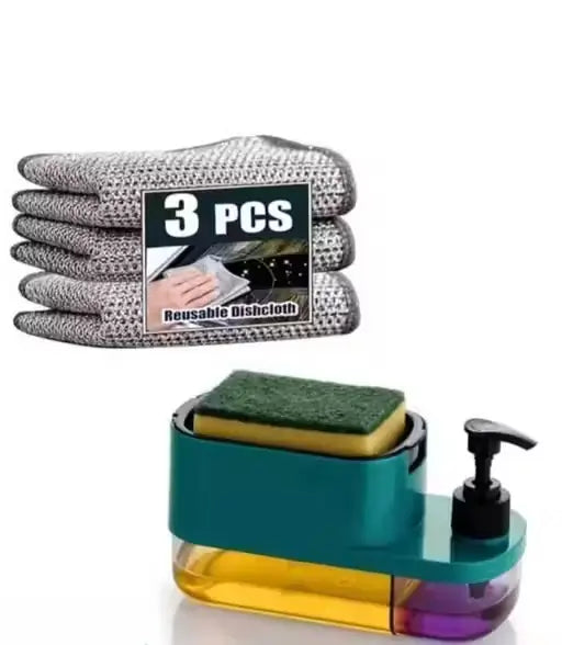 3-in-1 soap pump dispenser with sponge holder and reusable cleaning cloths